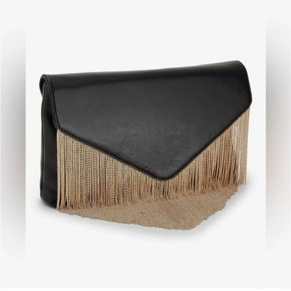 Express Gold Fringe Faux Leather Clutch Bag